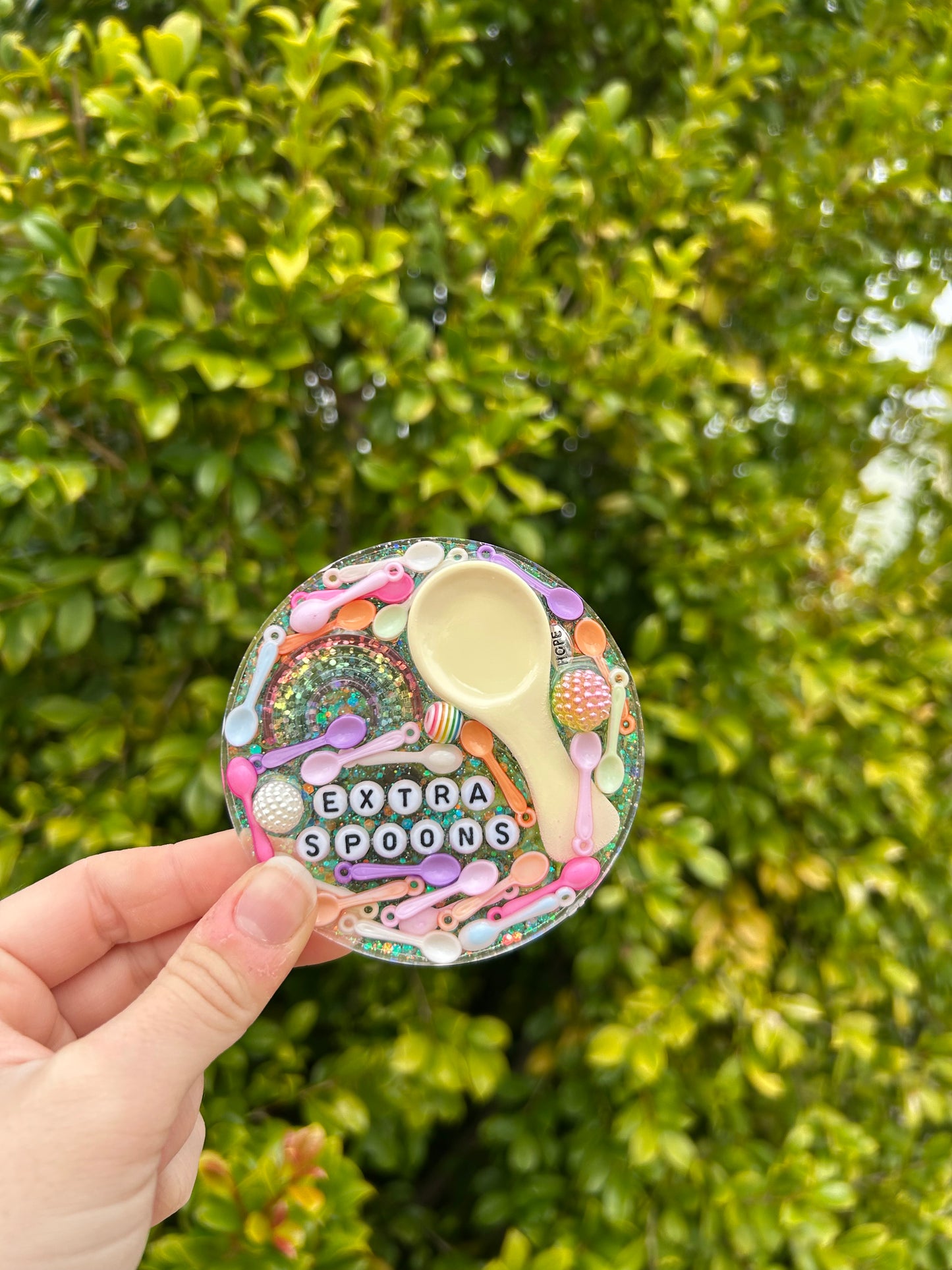 ‘Extra Spoons’ Large Circle Trinket | Design 3
