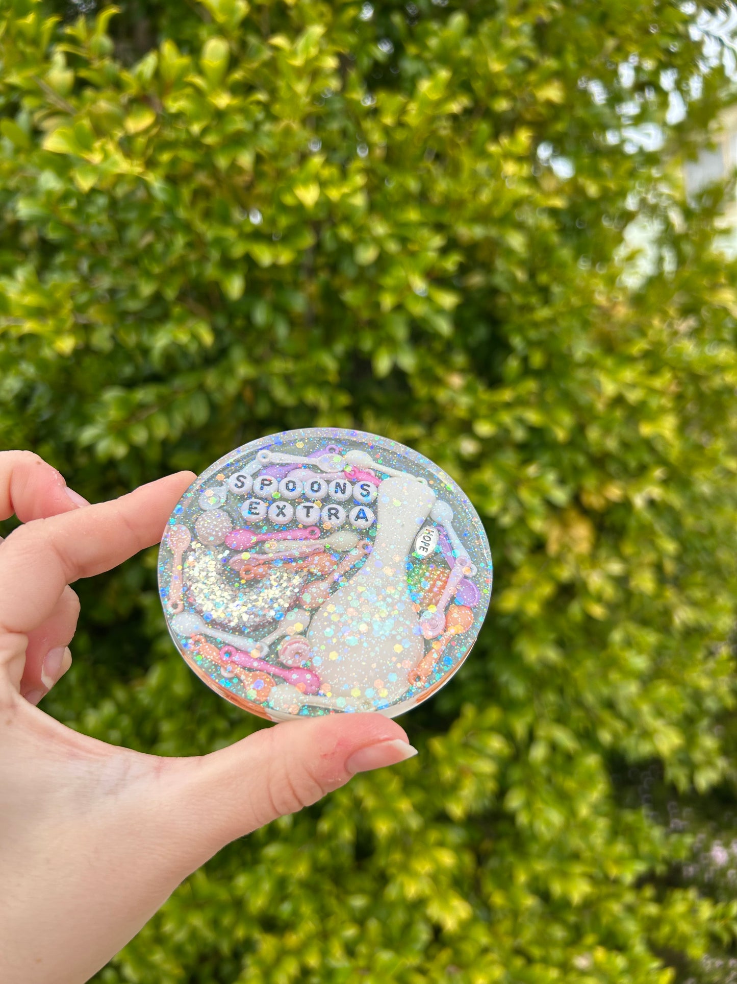 ‘Extra Spoons’ Large Circle Trinket | Design 1