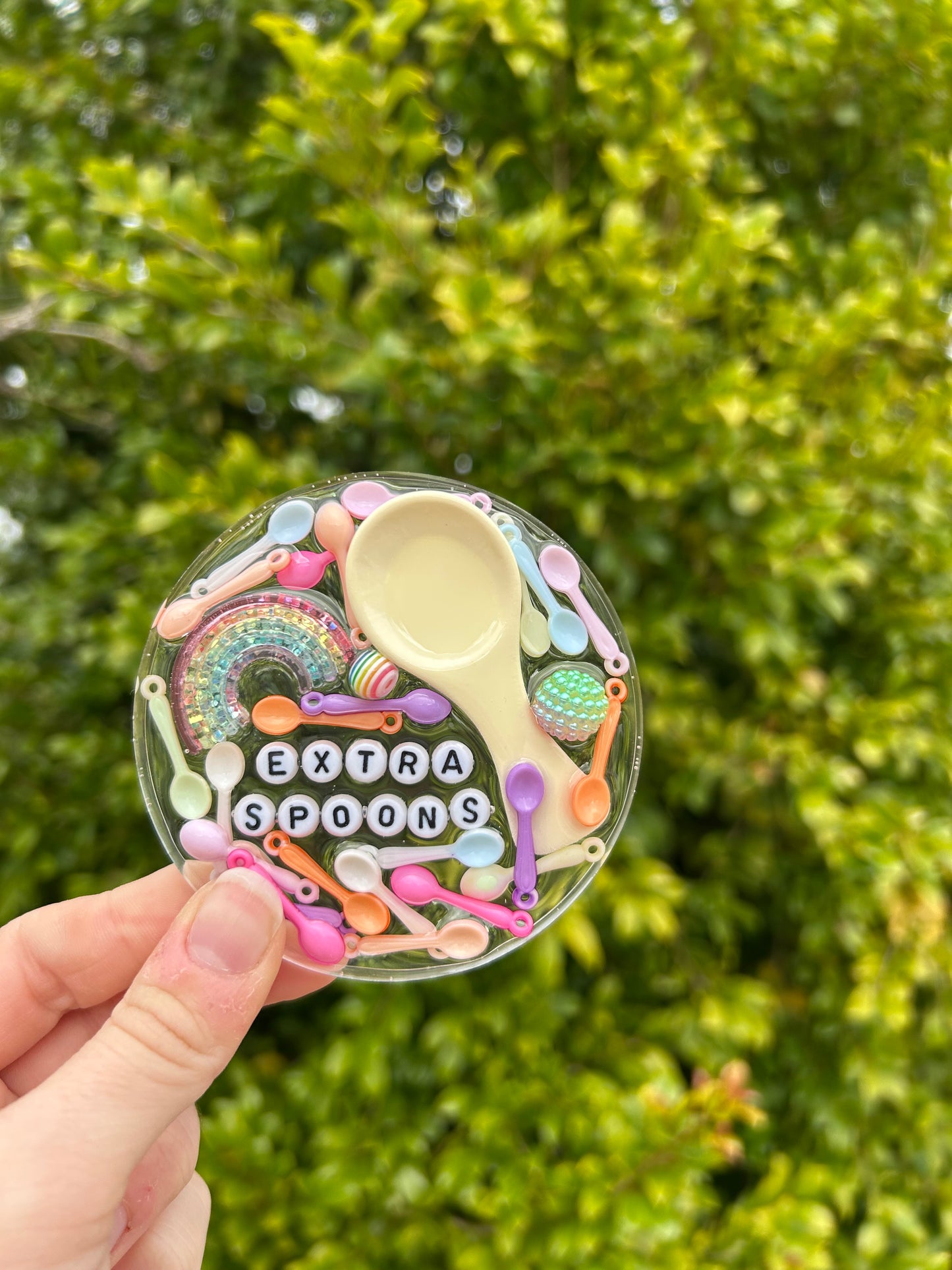 ‘Extra Spoons’ Large Circle Trinket | Design 2