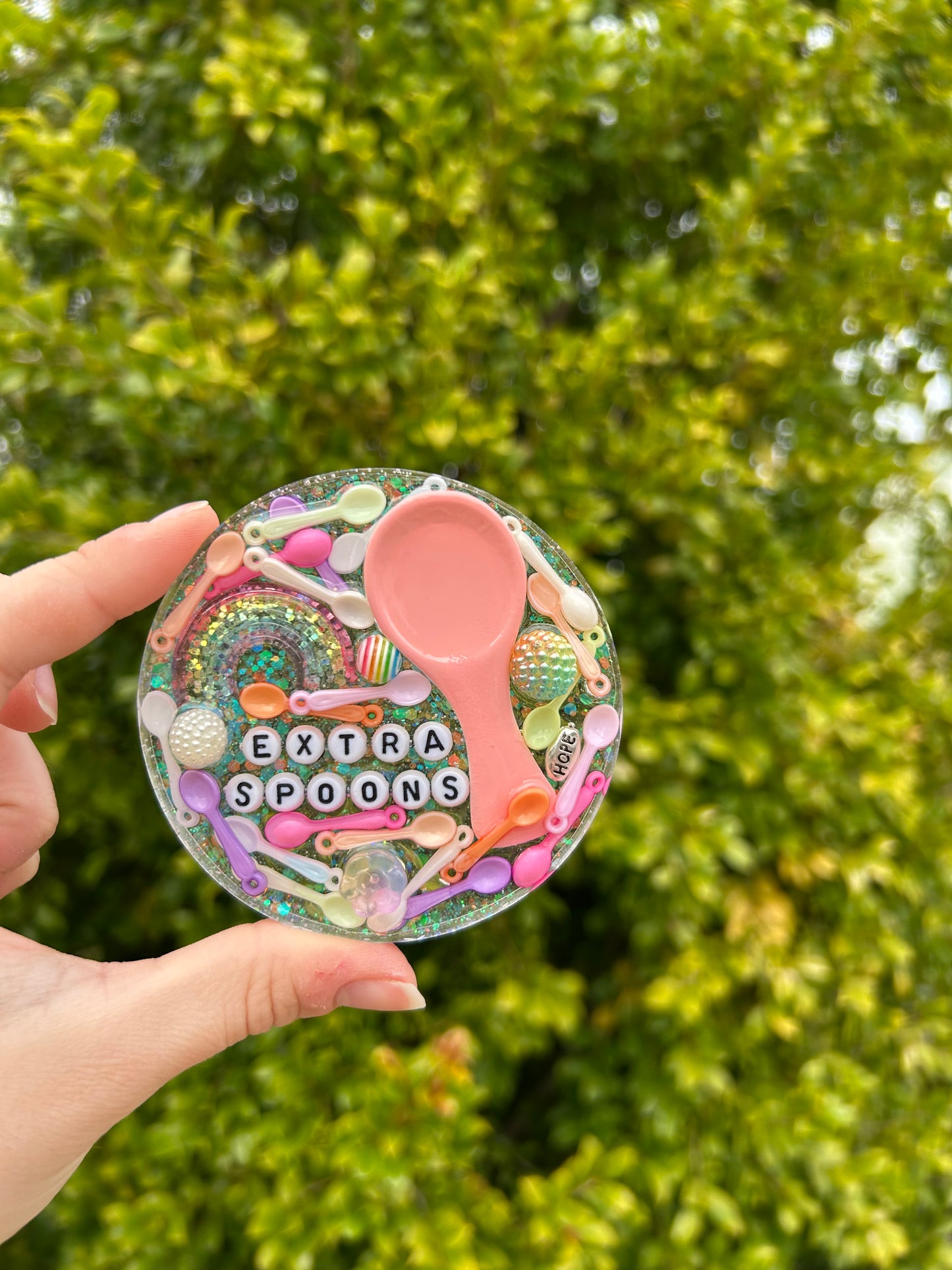 ‘Extra Spoons’ Large Circle Trinket | Design 4