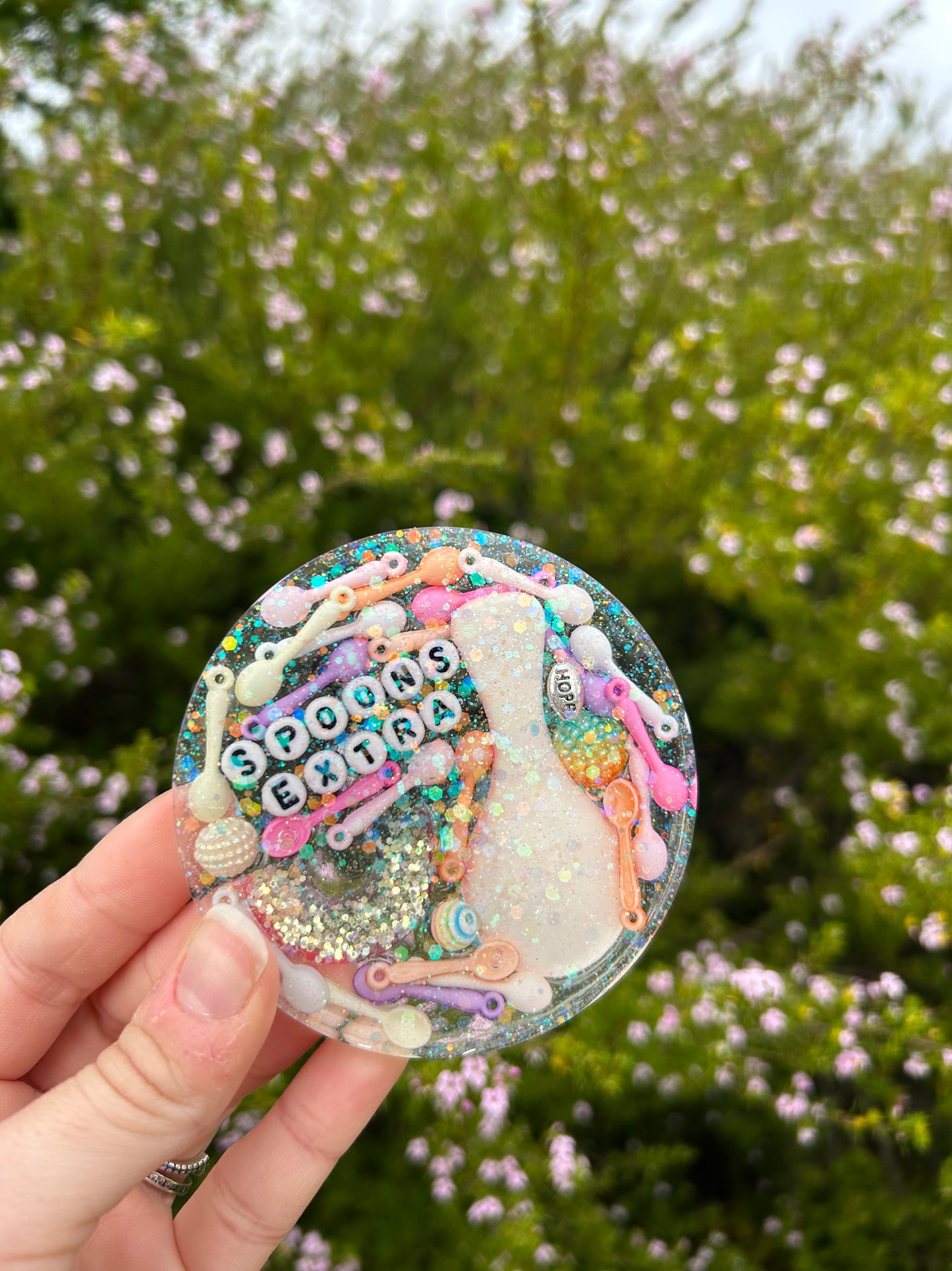 ‘Extra Spoons’ Large Circle Trinket | Design 5