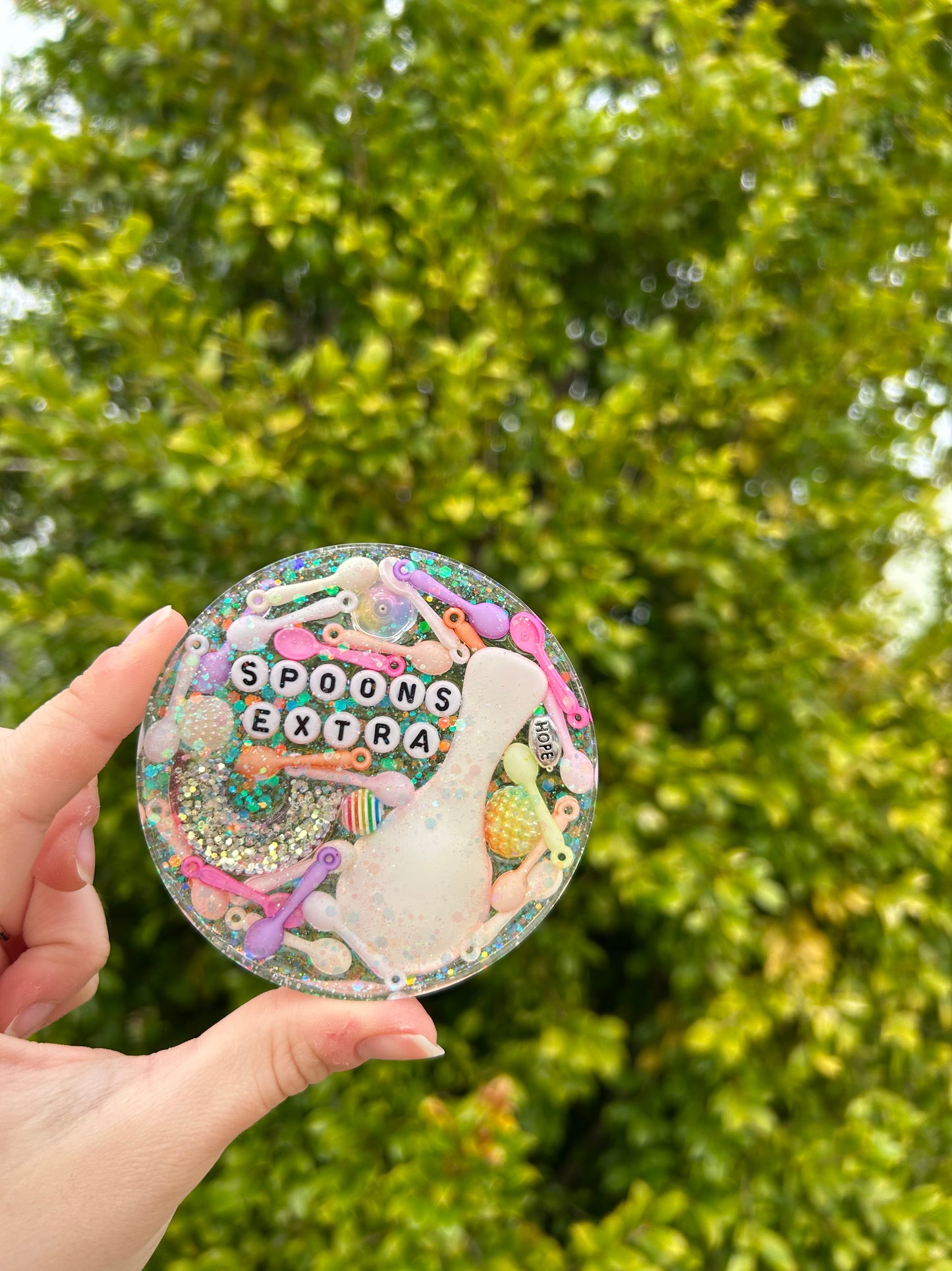 ‘Extra Spoons’ Large Circle Trinket | Design 4