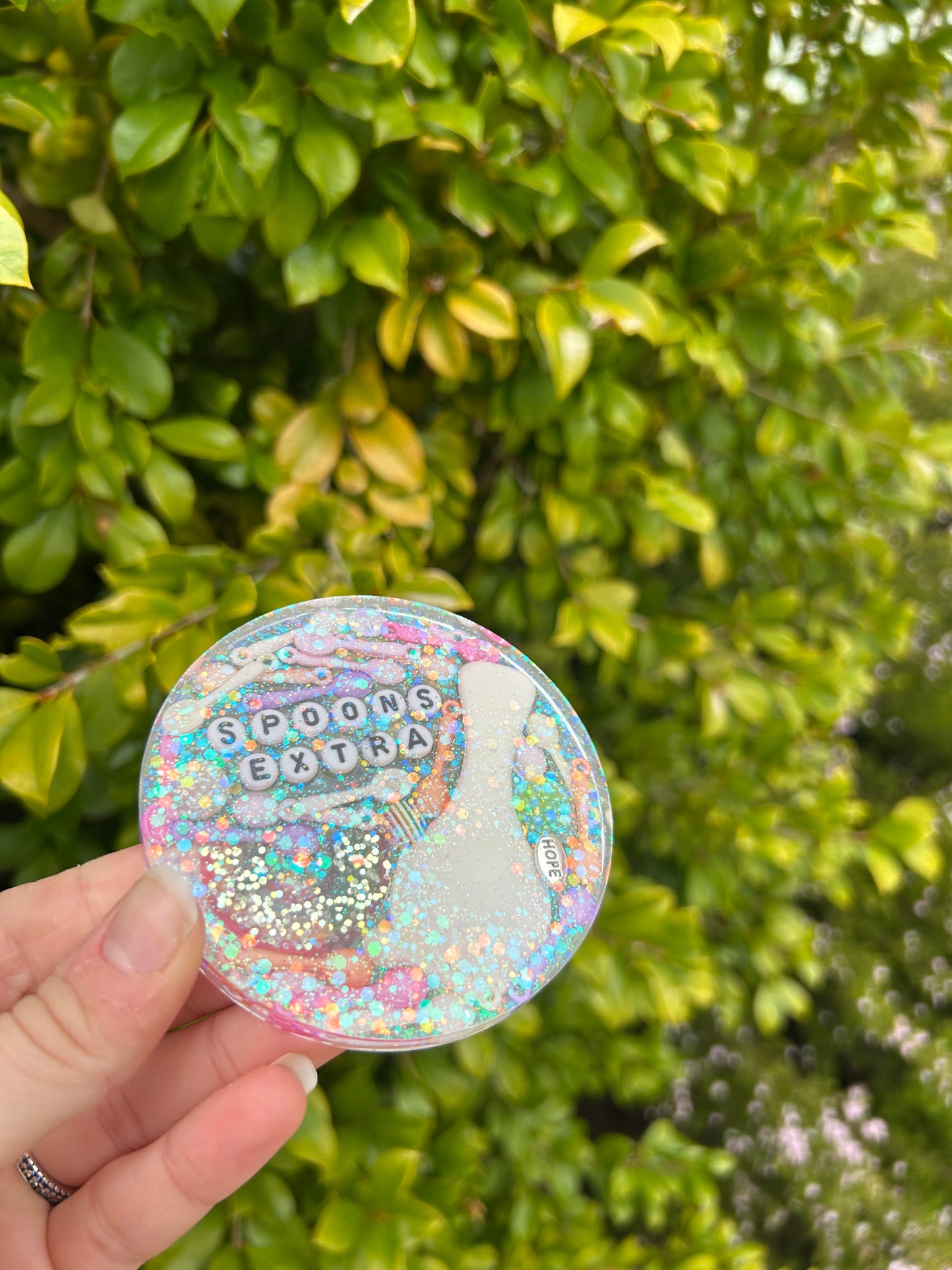 ‘Extra Spoons’ Large Circle Trinket | Design 3