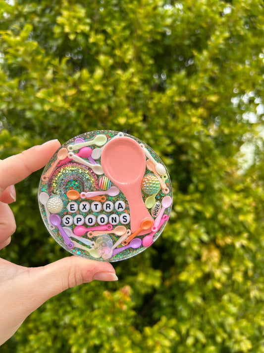 ‘Extra Spoons’ Large Circle Trinket | Design 4